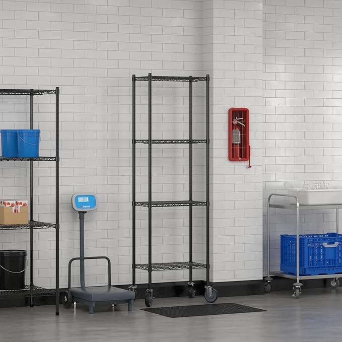 Commercial NSF Listed Black Epoxy Mobile Wire Shelving Kit 14" x 24" x 80", with 4 Shelves Perfect for Warehouse, Walk-in Refrigerator, Freezer, Grocery Store, Restaurant, Dishroom