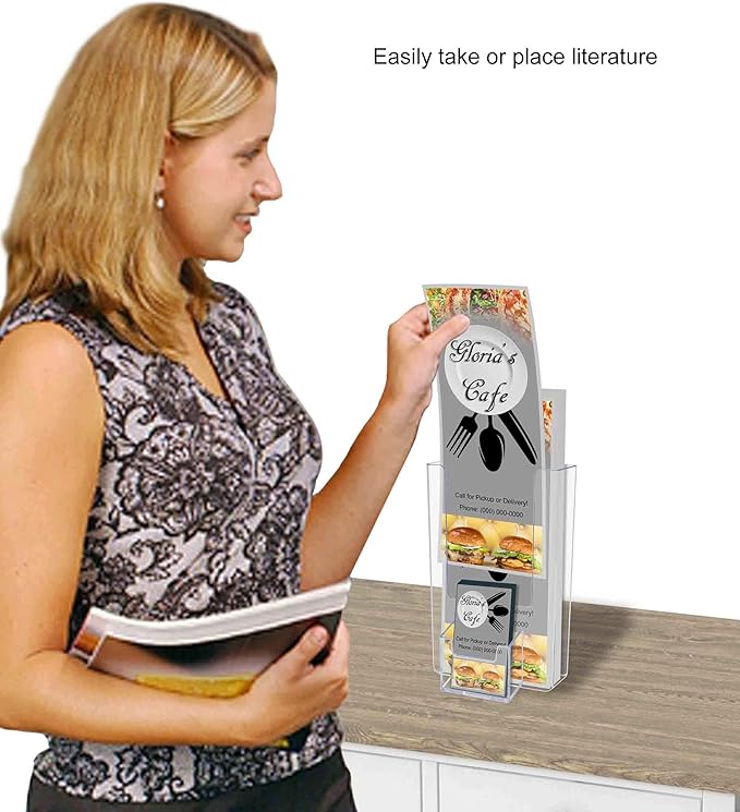 Marketing Holders Trifold Holder for 4 Inch Paper with Vertical Business Card Slot Pack of 12 Display Wall or Countertop Printed Media Clear Acrylic Real Estate Museums Travel Agency