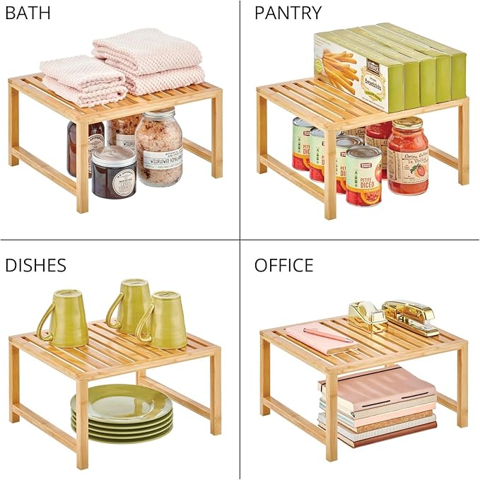 mDesign Wooden Stackable Storage Shelf - Food and Kitchen Organizer for Cabinet, Pantry Shelves, Countertop, Cabinet - Echo Collection - 2 Pack - Natural Bamboo