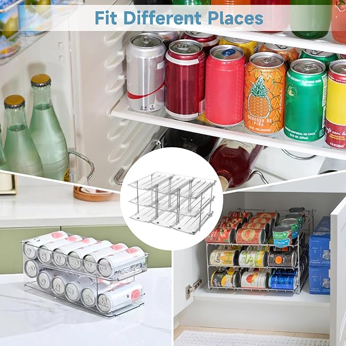 Can Organizer for Pantry, Clear 3-Tier Storage Rack, Stackable Beer and Beverage Can Holder, Transparent Can Dispenser, Flexible Modular Setup, Easy Installation