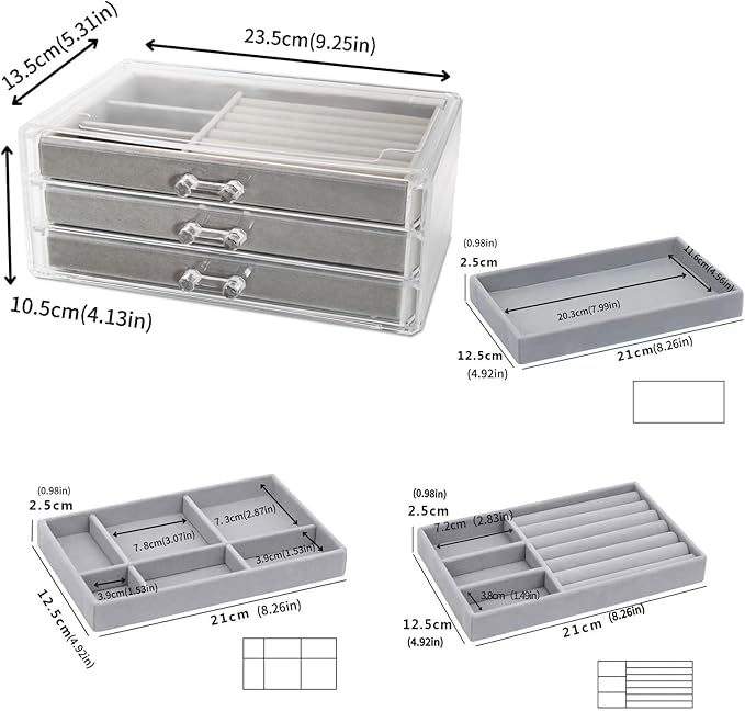 Clear Jewelry Organizer with 3 Drawers, Earring Organizer Jewelry Boxes for Women, Acrylic Earrings Display Holder for Storing Necklaces Earrings Rings, Grey
