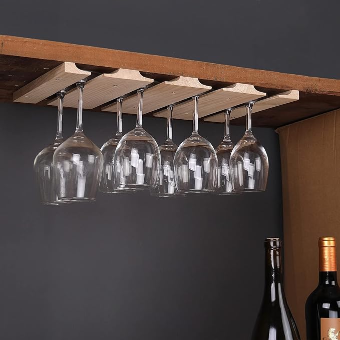 Wine glass holder-a wooden wine glass rack and goblet storage rack installed under the cabinet or countertop (Natural color)