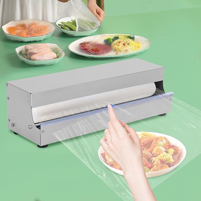 10''-18'' Cling Film Dispenser, Stainless Steel Food Wrap Sealer Packaging Machine Wrapper Cutter With 2 Replacement Blades & 4 Non-slip Feet for Fruit Vegetable & Meat Preservation