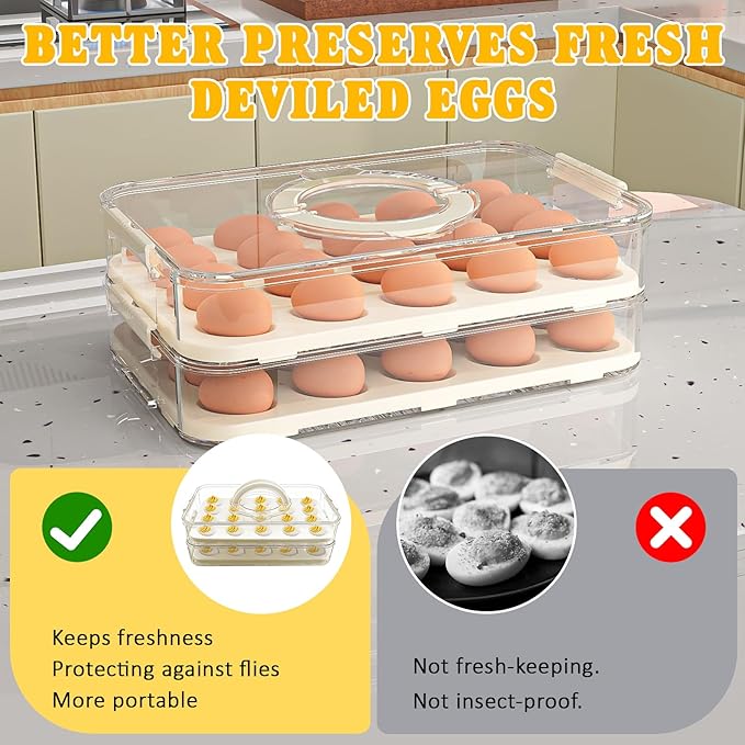 Lignumix Egg Holder for Fridge,Deviled Egg Containers with Lid & Handle (2 Layer Snap-on) PET Thickened Eggs Organizer Inc Egg Slicer,Kitchen Tongs,Silicone Spatula,Piping Decorating Kit