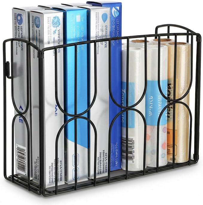 DEAYOU Kitchen Wrap Organizer Rack Wall Mount, Cabinet Door Storage Basket, Sturdy Metal Aluminum Foil Holder for Sandwich Bag, Wax Paper, Plastic Wrap, Food Bag, Cutting Boards, Black