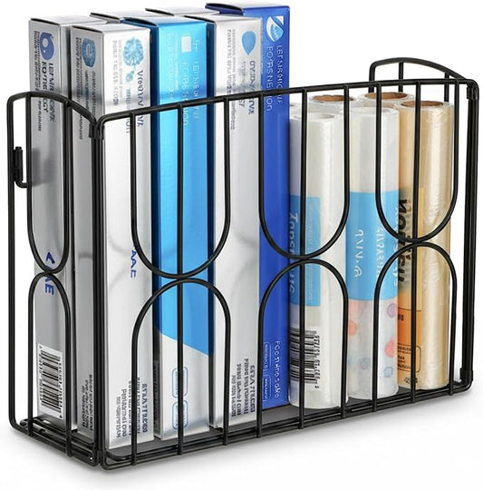 DEAYOU Kitchen Wrap Organizer Rack Wall Mount, Cabinet Door Storage Basket, Sturdy Metal Aluminum Foil Holder for Sandwich Bag, Wax Paper, Plastic Wrap, Food Bag, Cutting Boards, Black
