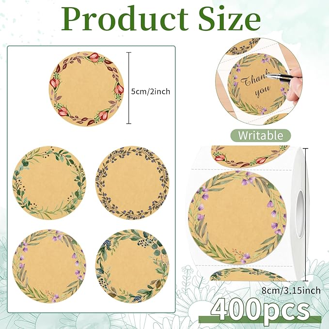 400Pcs Canning jar Labels,2 inch Kraft Paper Mason jar Labels,Christmas Gift Labels Tags Stickers,5 Design of Floral Wreath,Spice Labels Stickers for Storage Organizing Tags Envelop Seal