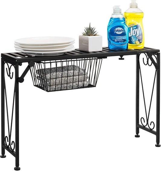 MyGift Over Sink Shelf with Pull Out Drawer, Expandable Black Metal Kitchen Over The Sink Shelf Rack, Bathroom Storage Shelf Riser with Scrollwork Design
