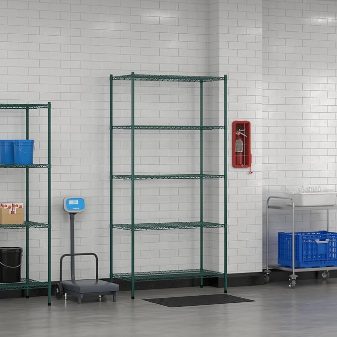 Commercial NSF Listed Green Epoxy Stationary Wire Shelving Kit 21" x 42" x 86", with 5 Shelves Perfect for Warehouse, Walk-in Refrigerator, Freezer, Grocery Store, Restaurant, Dishroom