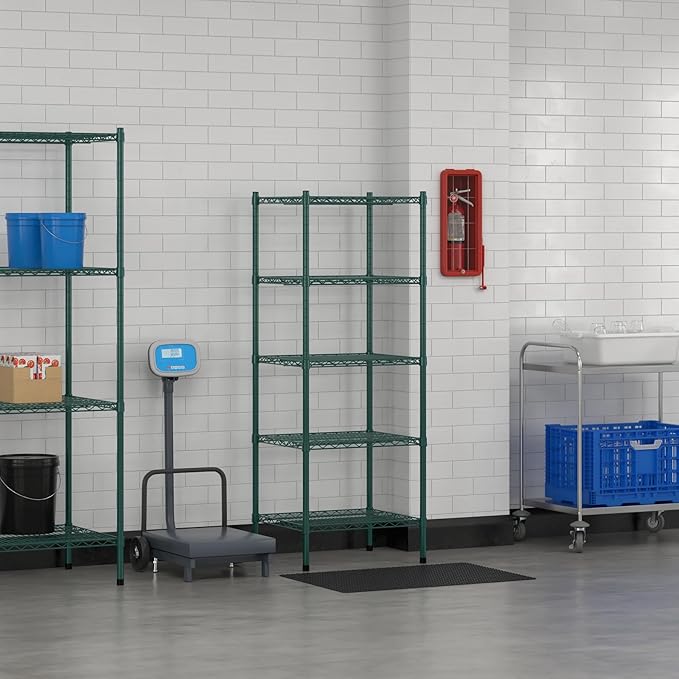 Commercial NSF Listed Green Epoxy Stationary Wire Shelving Kit 21" x 24" x 64", with 5 Shelves Perfect for Warehouse, Walk-in Refrigerator, Freezer, Grocery Store, Restaurant, Dishroom