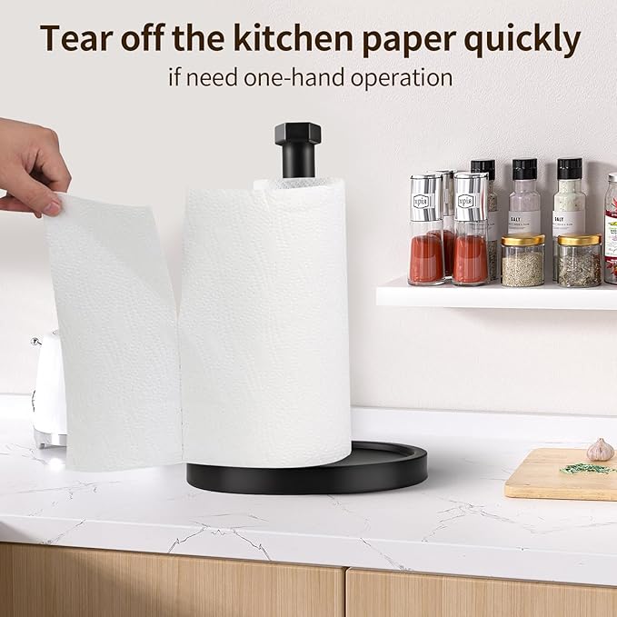 Paper Towel Holder Countertop, Stainless Steel Paper Towel Holder -Weighted Base, One-Handed Tear, Black Kitchen Roll Holder, Non-Slip Protect The countertop-New Black