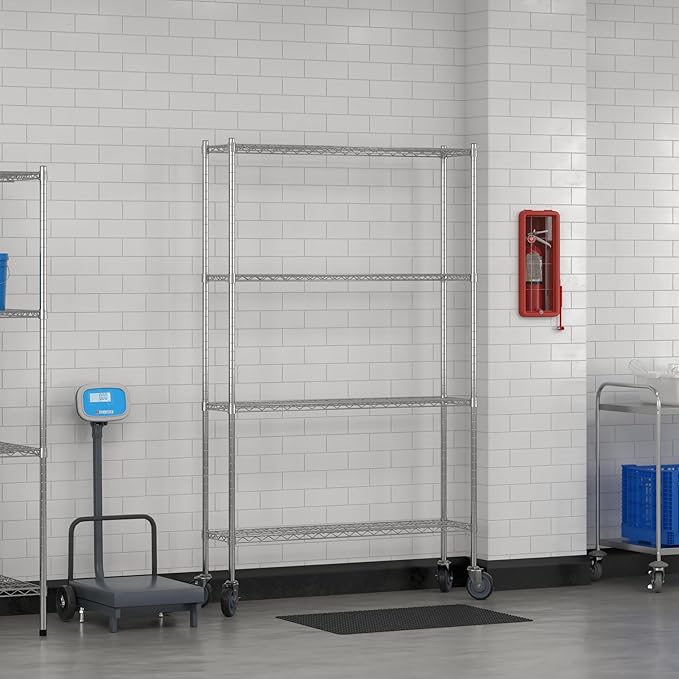 Commercial NSF Listed Chrome Mobile Wire Shelving Kit 12" x 48" x 80", with 4 Shelves Perfect for Warehouse, Walk-in Refrigerator, Freezer, Grocery Store, Restaurant, Dishroom