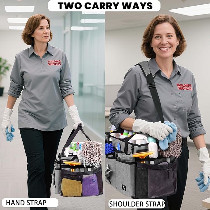 Timoxi Extra large Cleaning Caddy Bag Built-in Sturdy Support Board, Cleaning Organizer with Detachable Divider, Cleaning Supply Tote with Adjustable Shoulder Strap (Grey, 19'' x 11'' x 11'')