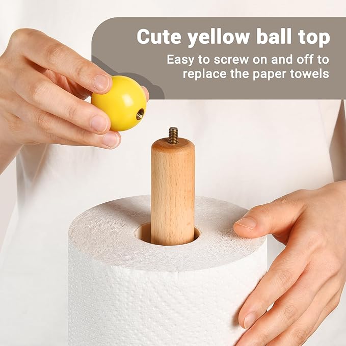 Paper Towel Holder, Wooden Kitchen Roll Stand (Yellow Ball)
