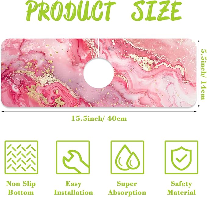 Sink Splash Guard Faucet Mat Pink Gold Marble Absorbent Fast Drying Mat Sink Gadgets Splash Guard Behind Faucet Drip Catcher for Kitchen Bathroom 15.5"X5.5"