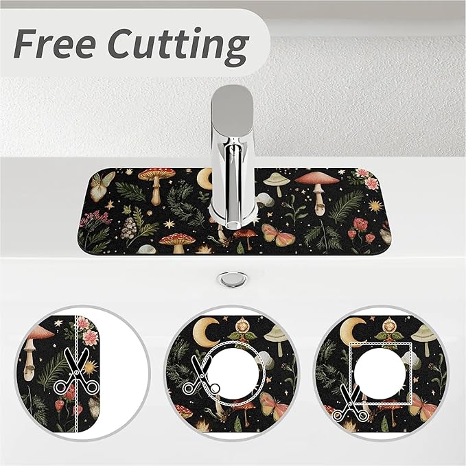 Kitchen Sink Splash Guard，Mushrooms, stars,moon Faucet Mat Sink Gadgets-Super Absorbent Fast Drying Mat Drip Catcher for Kitchen, Bathroom,Sink Mat, Dish Drying Mat, Bathroom(15" X 5.5" )