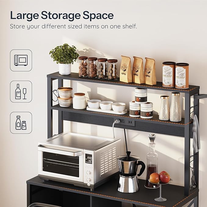 HOOBRO Bakers Rack with Power Outlet, Microwave Stand with Trash Can Bin Cabinet, 5-Tier Kitchen Storage Shelf Cabinet, Tall Coffee Bar Table Station for Dining Room, Living Room, Black BB50UHB01