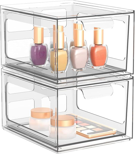 2 Pack Stackable Plastic Makeup Organizer Drawers, Acrylic Organizers, Clear Storage Bins with Pull-Out Handles for Vanity, Kitchen Cabinets, Pantry
