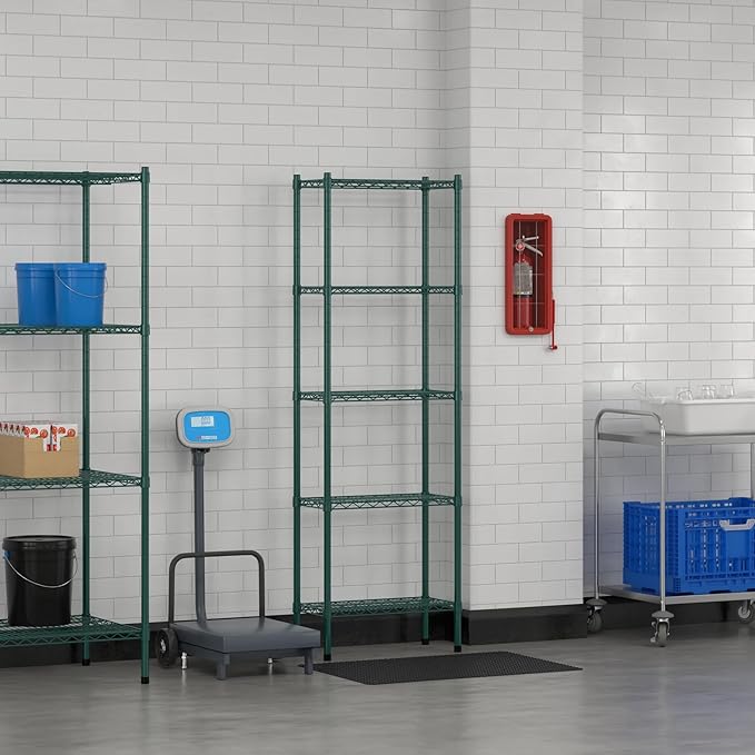 Commercial NSF Listed Green Epoxy Stationary Wire Shelving Kit 12" x 24" x 74", with 5 Shelves Perfect for Warehouse, Walk-in Refrigerator, Freezer, Grocery Store, Restaurant, Dishroom