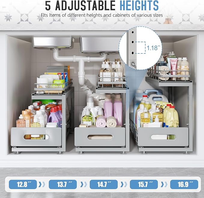 2 Pack Under Sink Organizer Upgrade to Professional Rails,2-Tier Dual Pull Out Cabinet Storage,Height Adjustable Slide Out Drawers for Bathroom Kitchen,Under Sink Shelf-Gun Gray