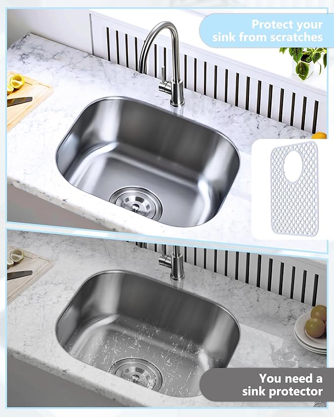 BEHOK 2 Pack Silicone Sink Protectors for Kitchen Sink, Lozenge Pattern 13 x 11 Inches Sink Mat, Non-Slip and Durable Sink Protector Silicone, Rear Drain, White