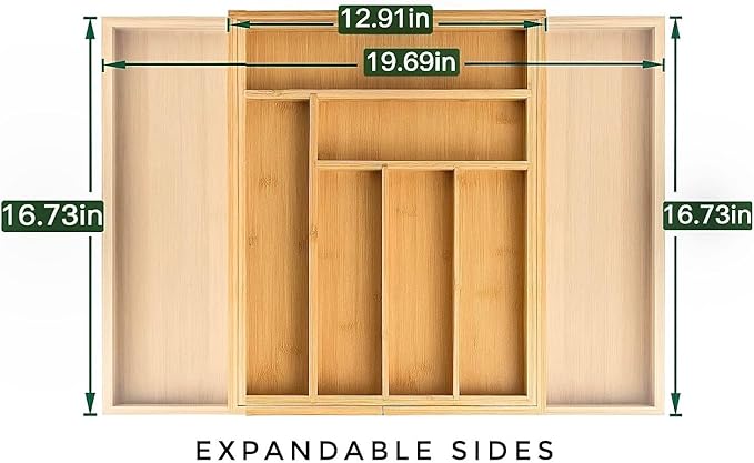 Bamboo Drawer Organizer – Expandable 8 Slot Silverware & Utensil Tray for Kitchen, Office & Bathroom – Fits 13"–19.5” Drawers, Natural Bamboo, Deep Compartments, Durable & Eco-Friendly