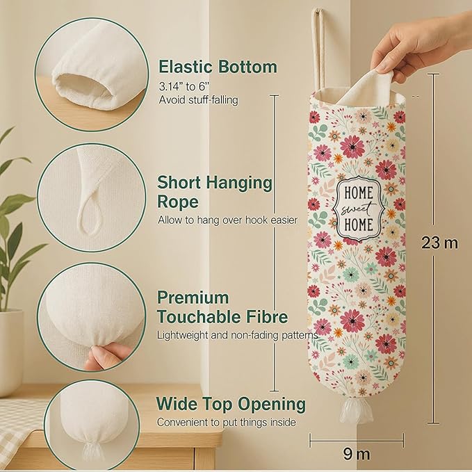 Plastic Bag Holder, Home Sweet Home Plastic Bag Holder for Kitchen Essentials, Bags Holders for Plastics Bags Groceries Store, Floral Reusable Grocery Sack Storage Dispenser to Kitchen Decor