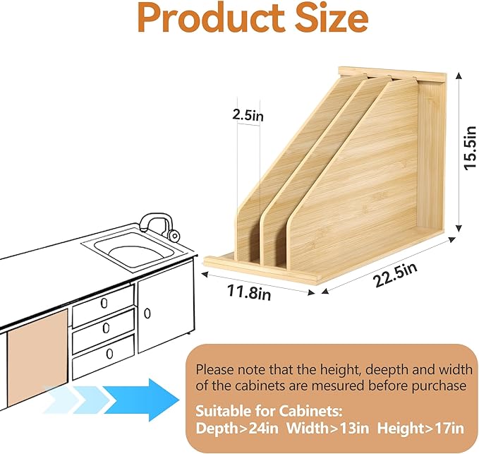 tonchean Upgrade Wood Tray Dividers for Cabinet Cookie Sheet Organizer for Cabinet Kitchen Cabinet Tray Divider for Pans, Lids, Pot And Pan, Cookie Sheet, Racks Lids, 15.5in(H) x22.5in(D) x11.8in(W)