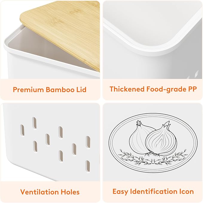 Lifewit Potato and Onion Storage Bin, Stackable Garlic Keeper with Aerating Holes and Lid, Plastic Vegetable Container Box for Pantry Countertop, White, 24 x 18 x 24 cm/9.5 x 7 x 9.5 inch, Set of 2