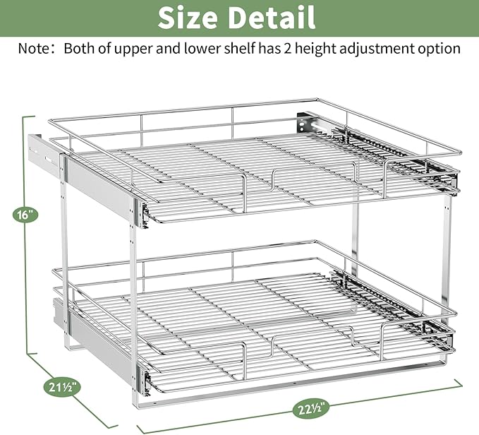 ROOMTEC Pull Out Cabinet Organizer (22½"W x 21½"D),2 Tier Pull Out Storage Shelf Drawer Basket,Sliding Shelves for Base Cabinet Organization in Kitchen, Bathroom, Pantry