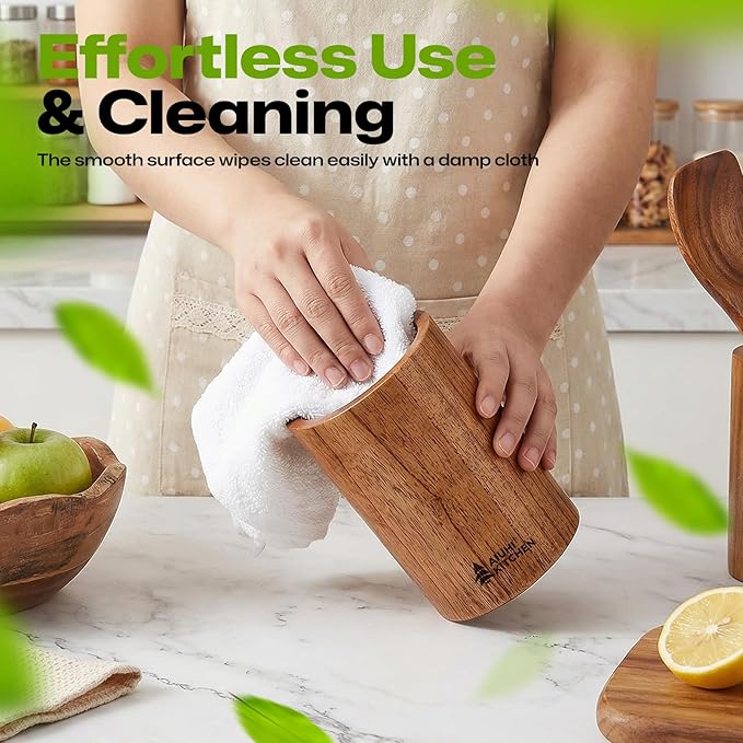 AIUHI Wood Utensil Holder for Kitchen Counter, Wooden Utensil Crock, Kitchen Utensil Organizer, 5.9"x 4.3" Large Spatula and Spoon Holders
