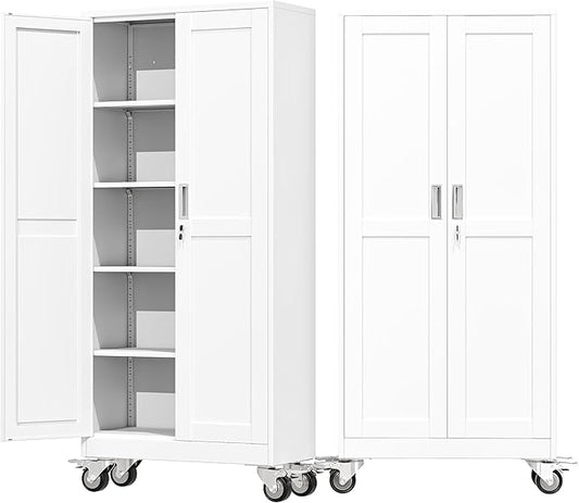 71" Tall Metal Garage Storage Cabinet with Wheels and Locking Doors and Tall Rolling Steel Tool Cabinet with 4 Adjustable Shelves for Garage,Home,Office,Shop (White)