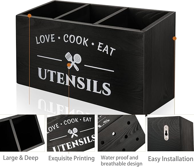 Wooden Utensil Holder with 3 Compartments for Kitchen Counter, Large Farmhouse Kitchen Decor & Rustic Spatula Holder, Heavy Duty Wood Cooking Utensil Crock Organizer for Spoons, Ladles & Tongs