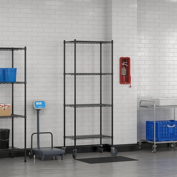 Commercial NSF Listed Black Epoxy Mobile Wire Shelving Kit 18" x 30" x 80", with 4 Shelves Perfect for Warehouse, Walk-in Refrigerator, Freezer, Grocery Store, Restaurant, Dishroom