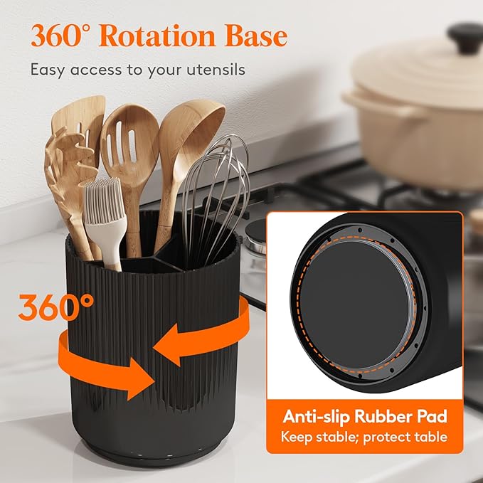 Lifewit 7.5" Plastic Utensil Holder for Kitchen Counter, Cooking Silverware Caddy with Non-Slip Rotating Base, 3 Compartment Spoon Spatula Cutlery Flatware Organizer with Dry Draining, Black, 1 Pack