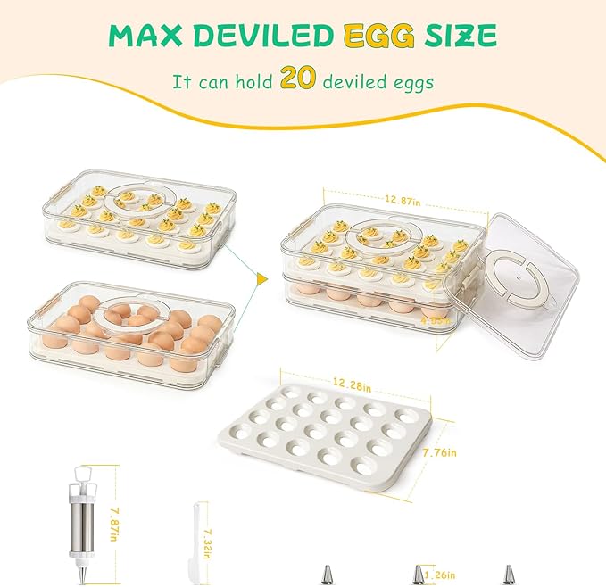 2 Pack Deviled Egg Containers with Lid, Durable Deviled Egg Platter, Fridge Portable Egg Tray with Lids for Party, Thickened Deviled Egg Carrier with Portable Insulated Bag and Piping Decorating Kit
