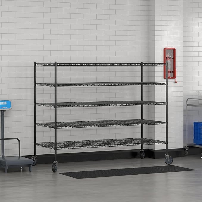 Commercial NSF Listed Black Epoxy Mobile Wire Shelving Kit 30" x 72" x 60", with 5 Shelves Perfect for Warehouse, Walk-in Refrigerator, Freezer, Grocery Store, Restaurant, Dishroom