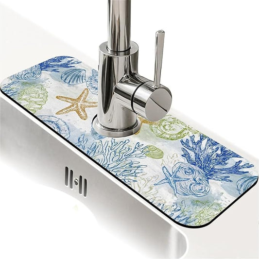 Kitchen Sink Splash Guard，Colored coral starfish Faucet Mat Sink Gadgets-Super Absorbent Fast Drying Mat Drip Catcher for Kitchen, Bathroom,Sink Mat, Dish Drying Mat, Bathroom(15" X 5.5" )