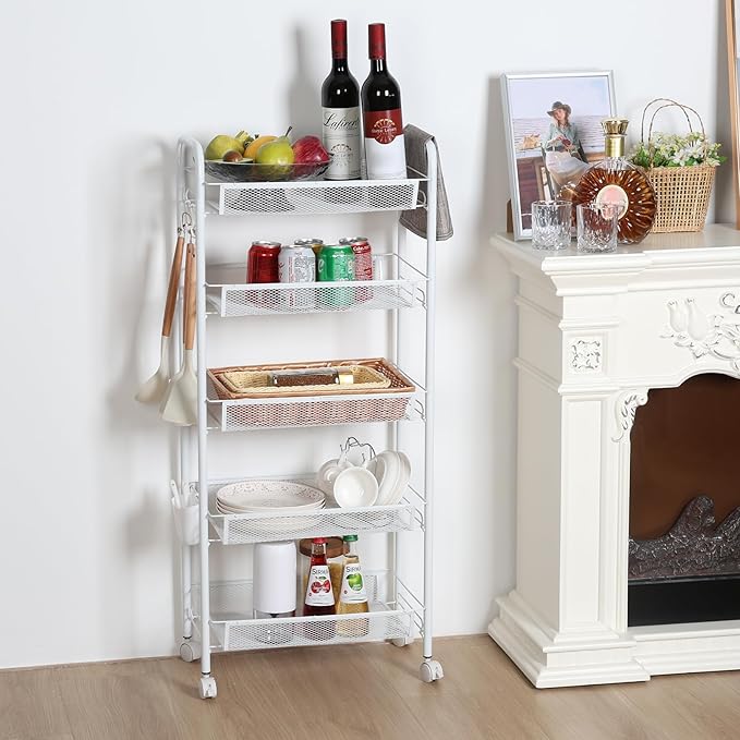 Stand-in Pantry Fruit Stand, Vegetable Storage Basket, 5-Tier Stackable Basket on Wheels, White