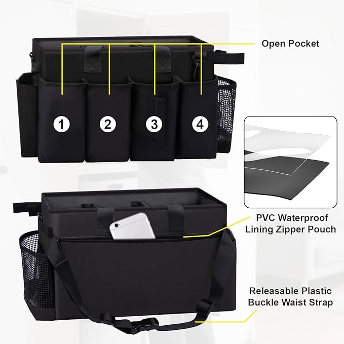 Wigojoy Wearable Large Cleaning Caddy Bag for Housekeeper, Clean Supply Organizer with Adjustable Shoulder, Waist & Handle Straps, Detailing Bag for Kitchen Supplies (Black)