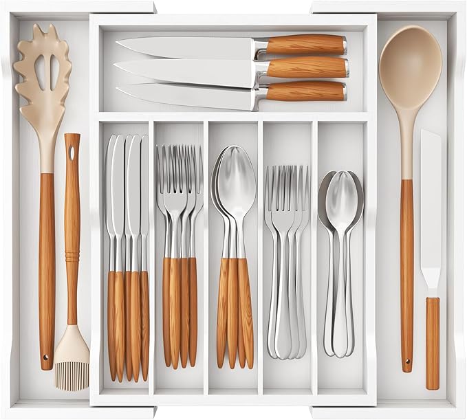 Lifewit Silverware Drawer Organizer, Expandable Utensil Tray for Kitchen, Bamboo Flatware and Cutlery Holder, Wood Adjustable Storage for Spoons Forks Knives, 13-22x15"/ 33 -56x38cm, White