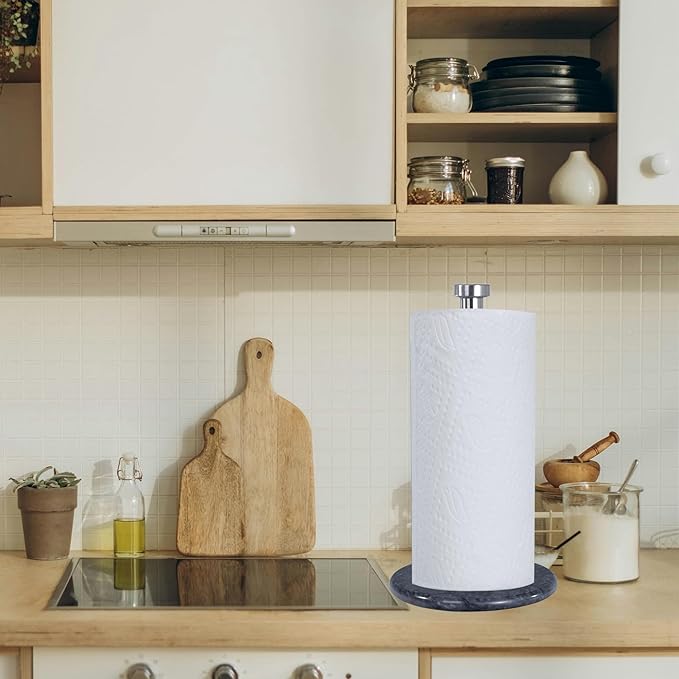 Paper Towel Holder with Marble Base - 13" x 7" Upright Paper Roll Dispenser with Heavy Non-Slip Base for Easy One-Handed Tear - for Countertops, Cabinets, and Bathrooms