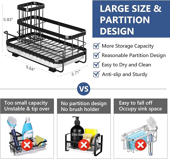 Trendy Sink Caddy Kitchen Organizer, Non-Slip Dish Soap Dispenser Rack with Drain Tray, Rustproof Brush Holder for Countertop Storage (Matte Black)
