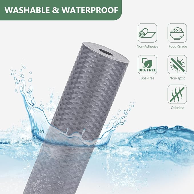 Origuuds Shelf Liners, Non-Adhesive Drawer Liner, Waterproof & Oil-Proof Kitchen Cabinet Cupboard Liner Plastic EVA Material BPA Free Fridge Liner Mats Paper Protector for Shelves (Grey/16in x 240in)