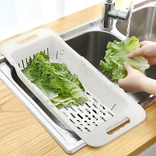 MineSign Extendable Over the Sink Colander Fruits and Vegetables Drain Basket Adjustable Strainer Sink Washing Basket for Kitchen (White)