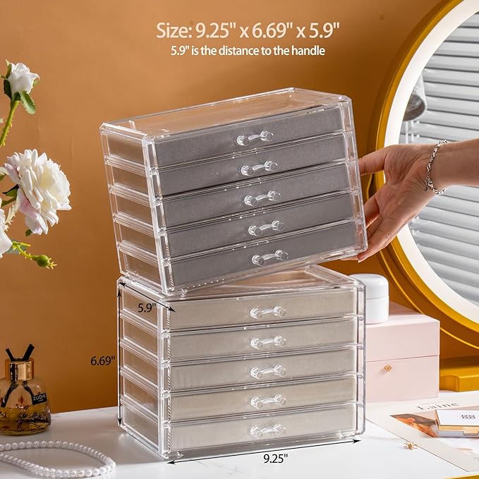 Necklace Holder Organizer, Dustproof Necklace Box Velvet Necklace Organizer Box with Lid Clear Acrylic Dustproof Stackable Jewelry Displays for Necklaces Chain Display (Pink, 5 Drawer)