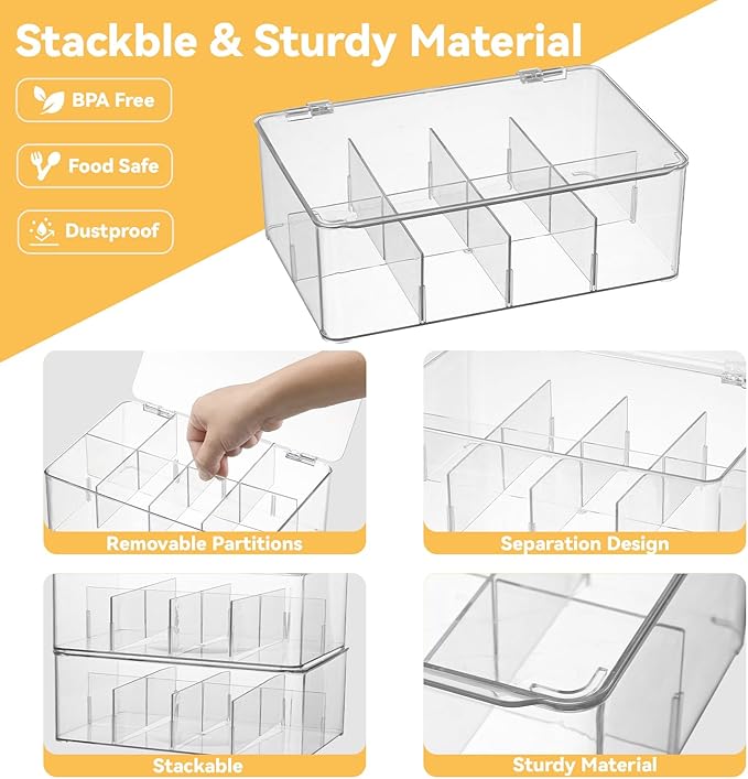 Clear Fridge Organizer Bins With Removable Dividers - Ideal for Snacks and Pantry Storage Snack Bins For Pantry Organization Refrigerator Bins Organizers Clear Kitchen Storage Accessories (2 Pack)