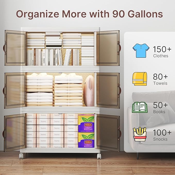 VNVTO 480Qt Stackable Storage Bins with Lids, 4 Pack Large Collapsible Bins with Wheels, Plastic Cabinet with Doors, Foldable Closet Organizers and Storage for Home, Dorm, Office, White