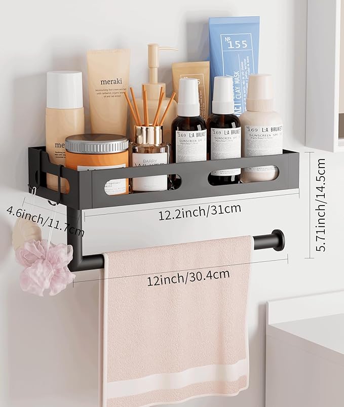 Paper Towel Holder Wall Mount for Kitchen, One-Handed Tear, Bathroom Paper Towel Holder with Shelf, RV Paper Towel Rack Wall Mount Paper Roll Holder with 4 Hooks, Drill Mount/Matte Black