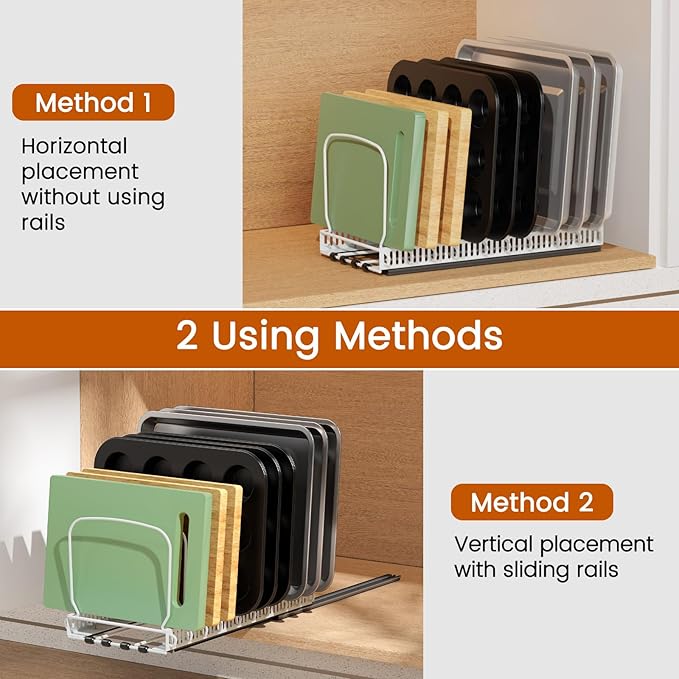 Housolution 1 Pack Baking Tray and Cookie Sheet Organizer, Cutting Board Organizer with 2 Using Methods, Bakeware Muffin Tin Storage Rack with 10 Adjustable Dividers for Cabinet, White